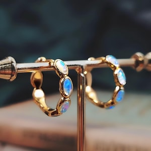 Vintage French-Inspired Small-Batch Artisanal Earrings with Opal and Sapphires in Gold, Statement Earrings, Gold hoops , Opal hoop earrings