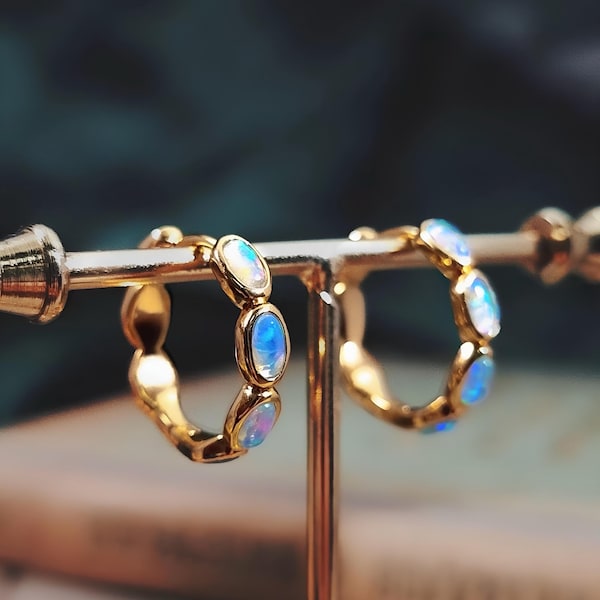 Vintage French-Inspired Small-Batch Artisanal Earrings with Opal and Sapphires in Gold, Statement Earrings, Gold hoops , Opal hoop earrings