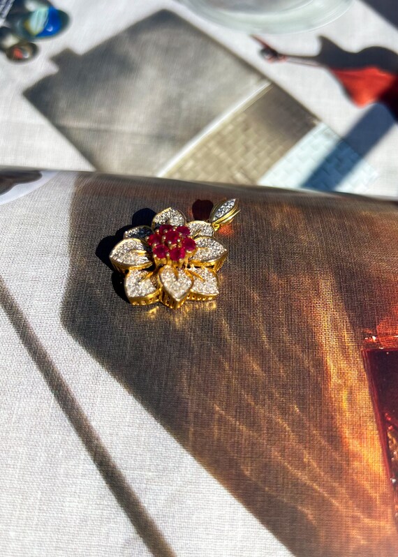 Ruby and Diamond Flower 18K Solid Gold Pendant wi… - image 4