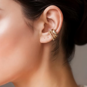 18K Solid Gold Ear Cuff – Comfortable Cuff earrings, Triple-Layer Ear Cuff, Minimalist Ear Clip, No Piercing Needed, Gift for her, Gold cuff