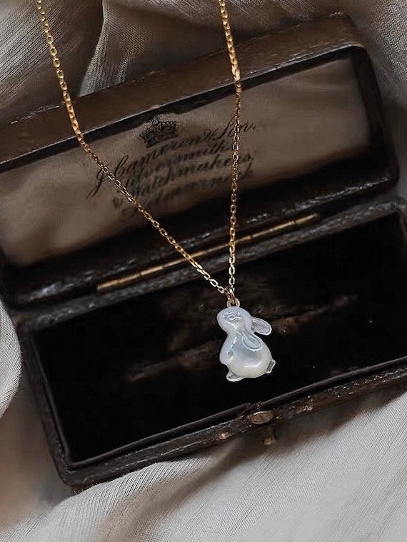 Mother of Pearl Bunny Pendant with Gold Chain, Vi… - image 1