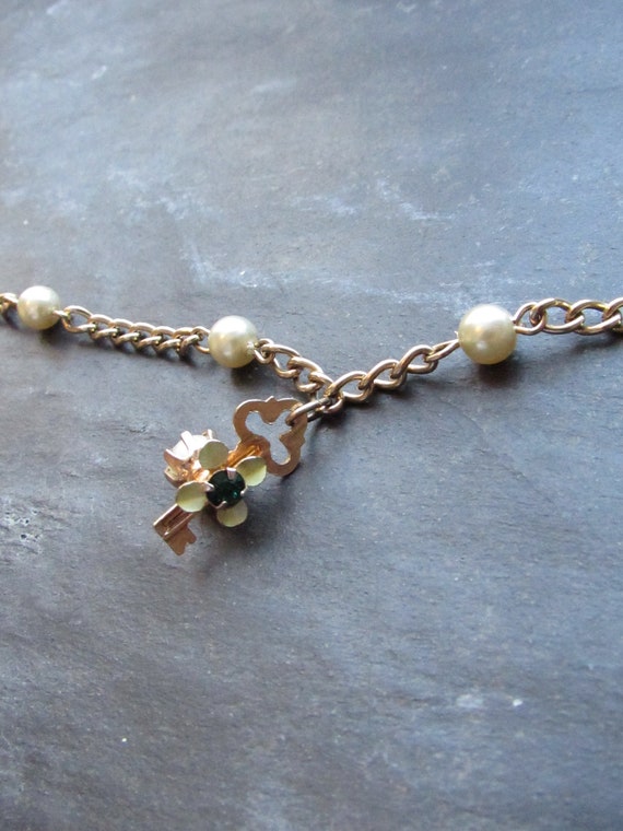 Victorian Key Pearl Bead Gold Anklet | Vintage Gol