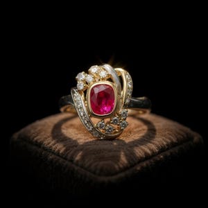 May include: A gold and silver ring with a large, cushion-cut ruby center stone. The ring is adorned with small diamonds and intricate detailing. The ring is set on a brown velvet surface against a black background.