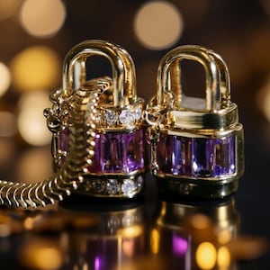 May include: Two gold-colored padlock pendants with purple and clear gemstones. The pendants are connected by a gold chain. The background is dark with blurred golden bokeh lights.