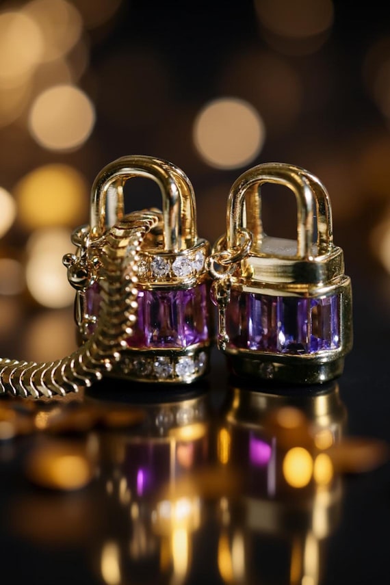 Purple Pink Sapphire Padlock Pendant with Diamonds | 18K Solid Gold Necklace Charm | Natural Sapphire & Diamond Fine Jewelry, holiday gift
