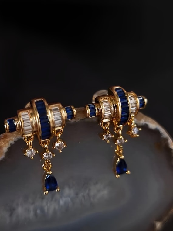 Vintage French Style Earrings: Blue Sapphire & Zi… - image 2