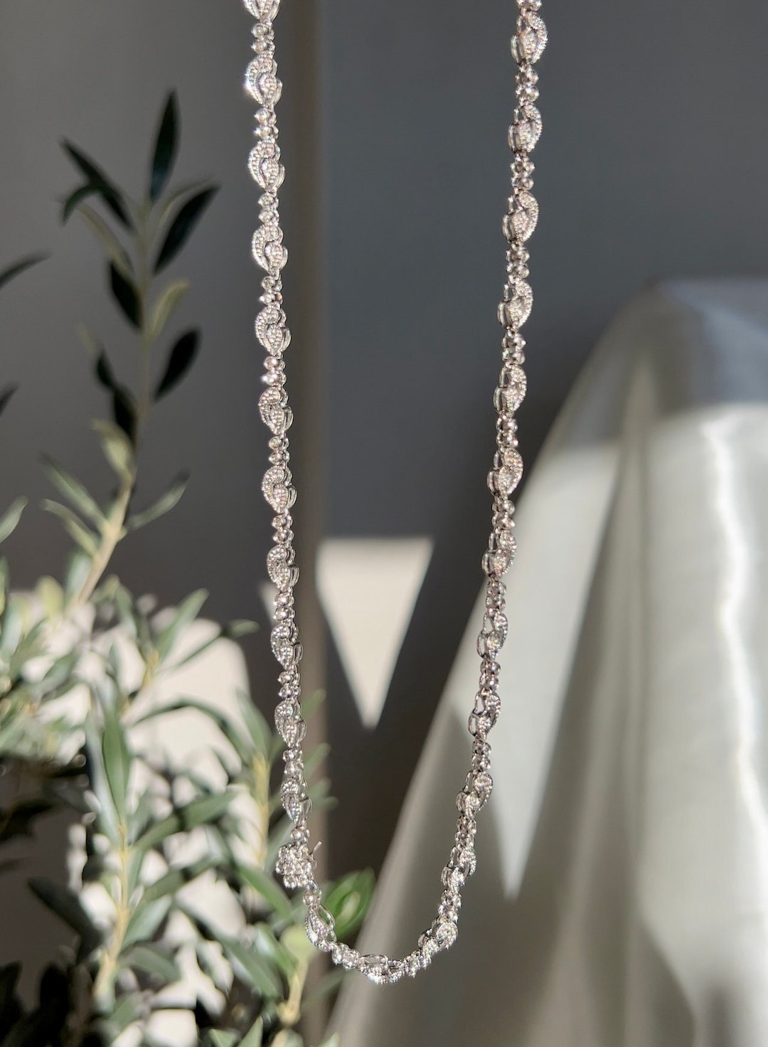 Buy Vintage French Ornament Earth Mined Natural Diamonds 9K Solid White  Gold Chain Necklace, White Gold Necklace, Diamond Necklace,gift for Her  Online