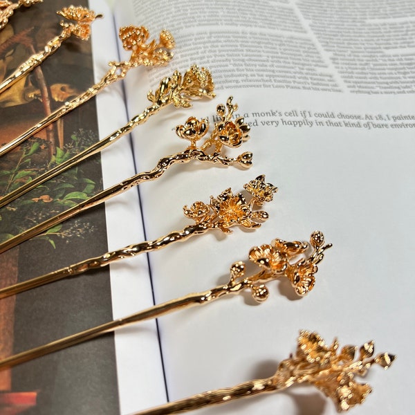 Gold Flower Hair Stick, Gold Hair Jewelry, Gold Hair Accessories, Gold Hair Pin, Floral Hair Stick, Wedding Hair Accessories