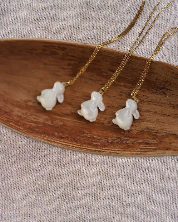 Mother of Pearl Bunny Pendant with Gold Chain, Vi… - image 8