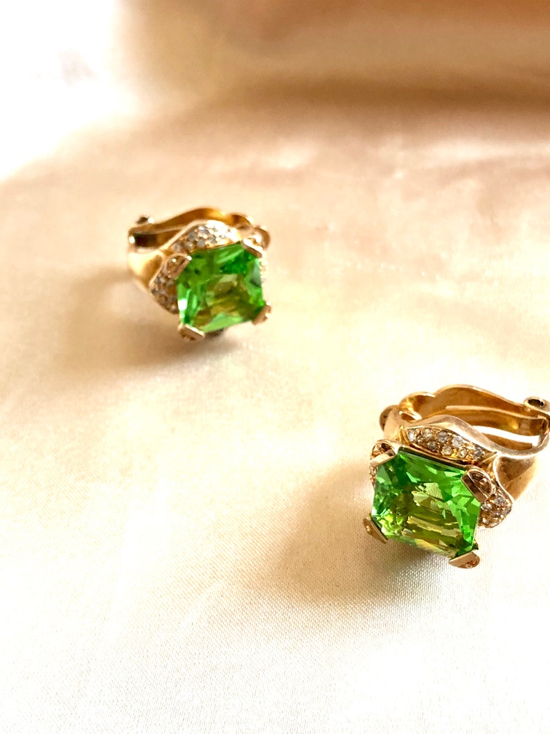 Green Step Cut Crystal Gold Earrings, Vintage Gold Earrings, Wedding Earrings, Victorian Green Earrings, Crystal Earrings image 3