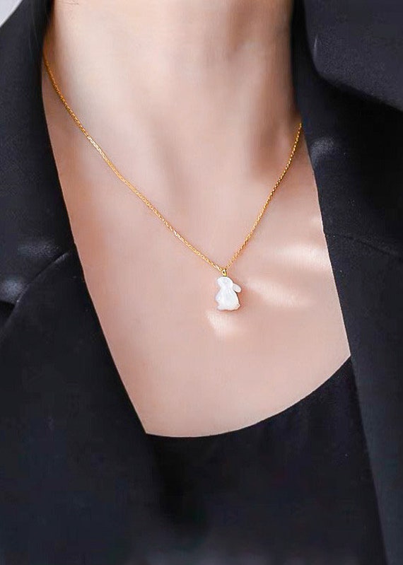 Mother of Pearl Bunny Pendant with Gold Chain, Vi… - image 9