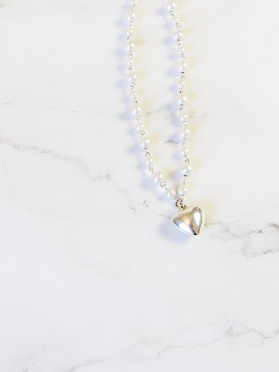 Coquette Silver Puffy Heart Pearl Necklace, coque… - image 4