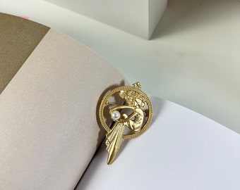 Art Nouveau Vintage Gold Brooch, Gold Pin, Pearl Brooch, Pearl Pin, Statement Brooch, Statement Pin, Girl Brooch, Girl Pin, Brooch Gift