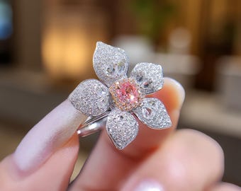 Anillo colgante con diamante rosa natural certificado por el GIA / 0,38 ct rosa claro VS2 / Diseño floral en oro blanco / Anillo de bodas convertible de lujo