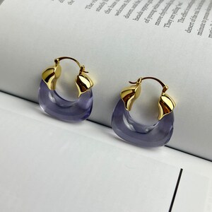 Translucent Lavender Purple Resin Gold Hoop Earrings, Gold Earrings, Pierced Earrings, Resin Earrings, Purple Hoops, Wedding Earrings image 4