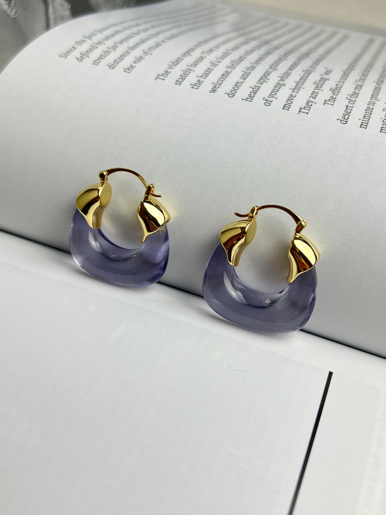 Translucent Lavender Purple Resin Gold Hoop Earrings, Gold Earrings, Pierced Earrings, Resin Earrings, Purple Hoops, Wedding Earrings image 4