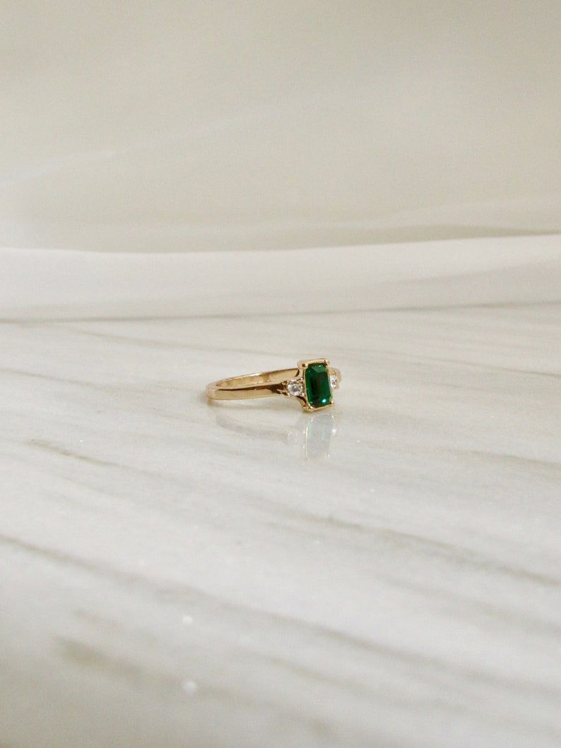 Baguette Green Gem Solitaire Ring, Gold Ring, Promise Ring, Engagement Ring, Green Ring, Side Stone Ring, Wedding Ring, Modern Ring image 2