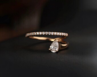 18K Solid Gold Pear Diamond Ring | Floating Diamond Arc Ring | Open Band Engagement Ring | Quiet Luxury Fine Jewelry Gift