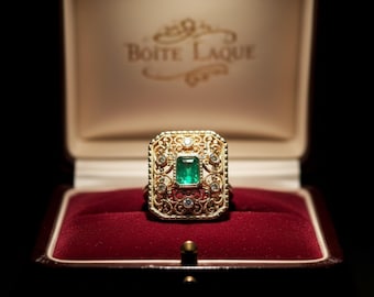 Art Deco Emerald Ring in 14K Solid Gold | Natural 0.8ct Emerald & Diamond Statement Ring | Filigree Cocktail Ring | Heirloom Jewelry Gift