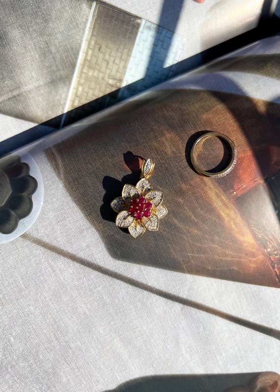 Ruby and Diamond Flower 18K Solid Gold Pendant wi… - image 6