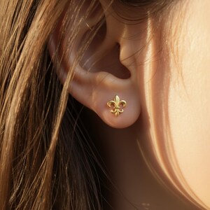 K&ouml;nnte beinhalten: Nahaufnahme eines goldfarbenen Fleur-de-Lis-Ohrsteckers. Der Ohrring ist eine kleine, detaillierte Darstellung des heraldischen Symbols. Der Ohrring befindet sich auf der Haut des Ohrs einer Person.