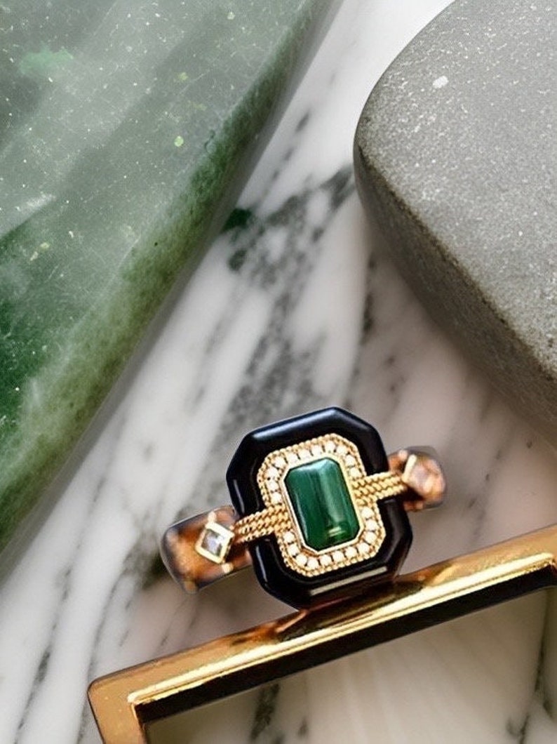 Malachite 18k Gold Ring, Art Deco Ring, Promise Ring, Malachite Ring, statement Ring, Cocktail Ring, silver Ring image 2