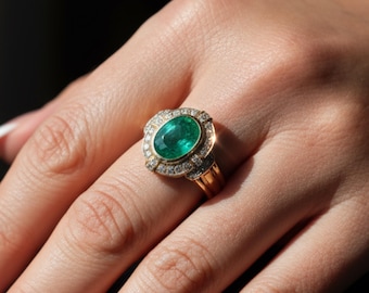 Colombian Emerald and Diamond Ring in 14K Solid Gold | 3.2ct Natural Emerald | Fine Jewelry Gift | Heirloom Engagement Ring