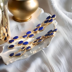 Lapis Lazuli Teardrop Tassel 18K Gold Earrings - Bold Vintage Blue Stone Dangle Earrings for Women, Natural Lapis Lazuli Earrings