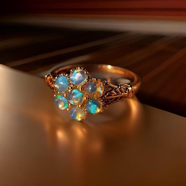 Opal Ring in 18K Gold-Filled– Delicate Cluster Design Ring, French design ring, Art Deco Ring, Promise Ring, Gift