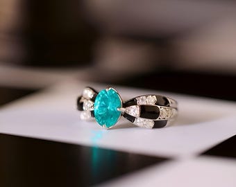 French Art Deco Paraiba Tourmaline Ring | Hand-Painted Enamel Checkered Band | Vintage-Inspired Cocktail Ring | Parisian Chic Jewelry Gift