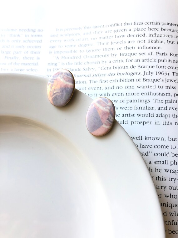 Hand Painted Pastel Pink Ceramic Earrings, Vintag… - image 3