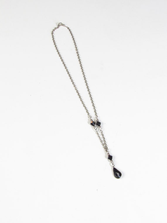 Vintage Dainty Teardrop Black Glass Silver Pendan… - image 2