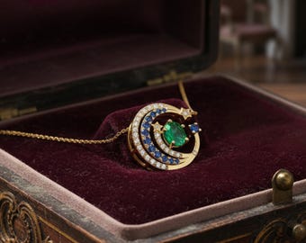 Collar de luna creciente en oro macizo de 18 quilates con granate tsavorita, diamantes y zafiro azul / Joyería celestial fina / Regalo para ella, pieza única