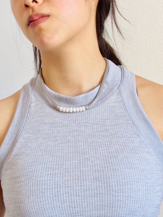 White Pearl Beads Silver Rope Chain Necklace, Vint