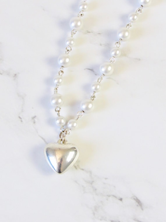 Coquette Silver Puffy Heart Pearl Necklace, coque… - image 5