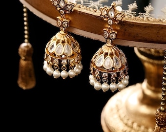 French Small-Batch Artisanal Earrings with round Diamonds and Pearls in Gold, Vintage French Statement Earrings, jhumka earrings