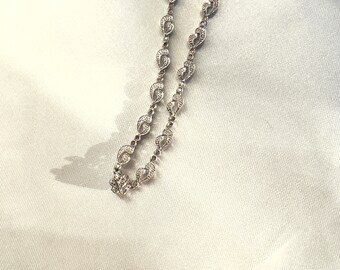 Vintage French Ornament Earth Mined Natural Diamonds 9K Solid White Gold  Chain Necklace, White Gold Necklace, Diamond Necklace,Gift for her