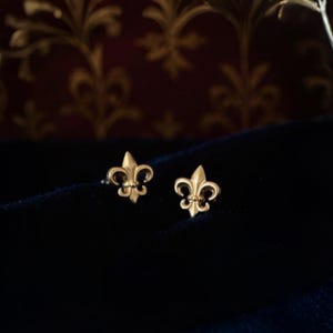K&ouml;nnte beinhalten: Ein Paar goldfarbene Fleur-de-Lis-Ohrstecker. Die Ohrringe werden auf einer dunkelblauen Samtoberfl&auml;che mit einem gemusterten bordeauxfarbenen Hintergrund pr&auml;sentiert. Die Ohrringe sind klein und detailliert, mit einem klassischen Design.