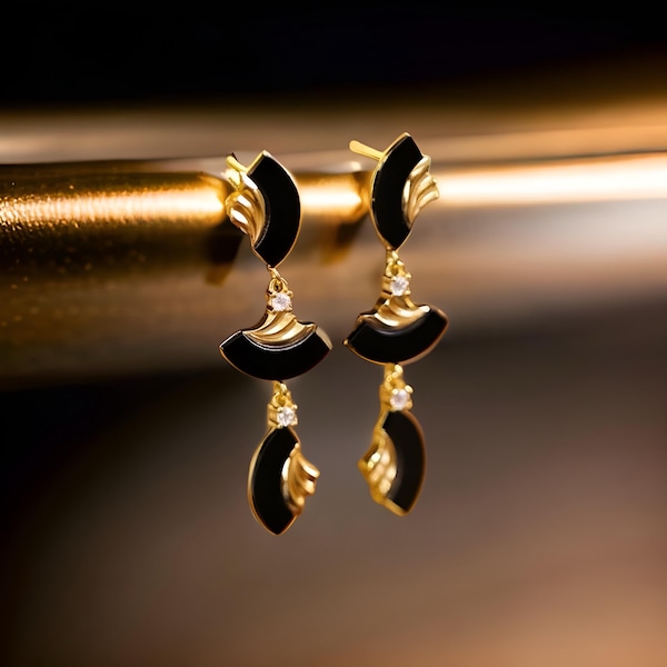 Vintage French-Inspired Small-Batch Artisanal Earrings with Art Deco-Inspired Black Onyx , Fan Shape Statement Earrings