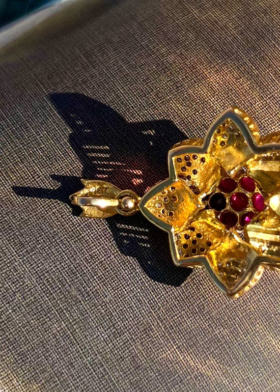 Ruby and Diamond Flower 18K Solid Gold Pendant wi… - image 3