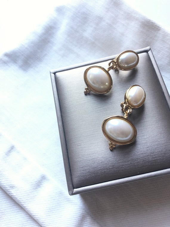 Vintage Pearls Gold Dangle Earrings, drop earring… - image 2