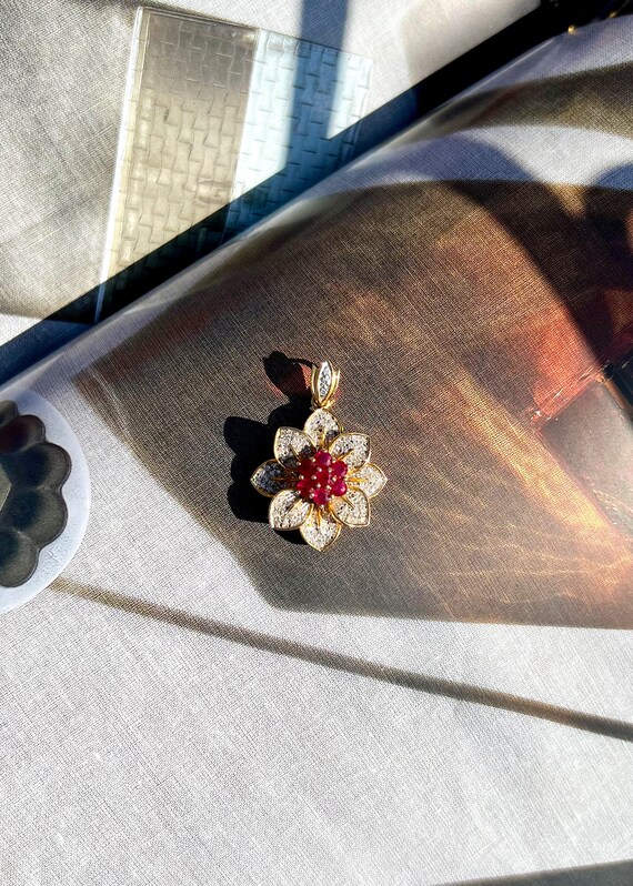 Ruby and Diamond Flower 18K Solid Gold Pendant wi… - image 2