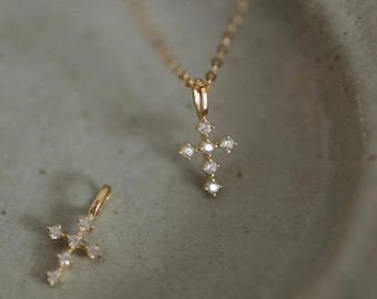 9K Solid Gold Diamond Cross Pendant, Dainty Gold Cross Charm, Minimalist Christian Jewelry, Religious Gift for Her, Tiny Diamond Cross