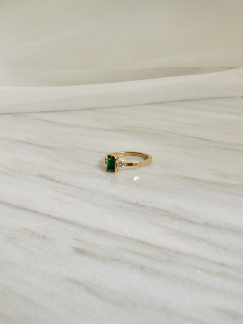 Baguette Green Gem Solitaire Ring, Gold Ring, Promise Ring, Engagement Ring, Green Ring, Side Stone Ring, Wedding Ring, Modern Ring image 4