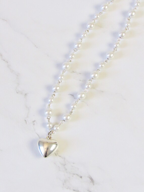 Coquette Silver Puffy Heart Pearl Necklace, coque… - image 3