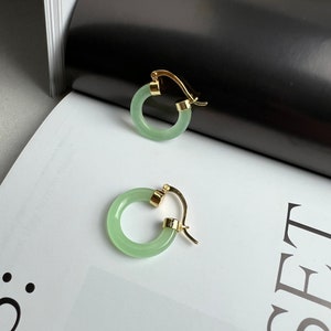 Light Green Jade Gold Hoop Earrings,18k Gold Jade Earrings , Pierced Earrings, Jade Earrings, Green Jade Hoops, Gold Hoops, White jade hoops