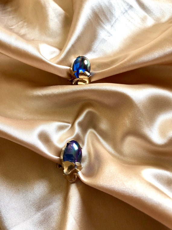 Purple Glass Gold Clip On Earrings, Vintage Gold … - image 2