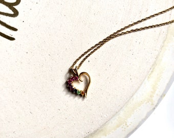 Vintage Rainbow Crystals Heart 18k Gold Filled Charm Necklace | Vintage Gold Necklace | Vintage Jewelry | Heart Necklace |Heart Pendant