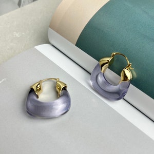 Translucent Lavender Purple Resin Gold Hoop Earrings, Gold Earrings, Pierced Earrings, Resin Earrings, Purple Hoops, Wedding Earrings image 1