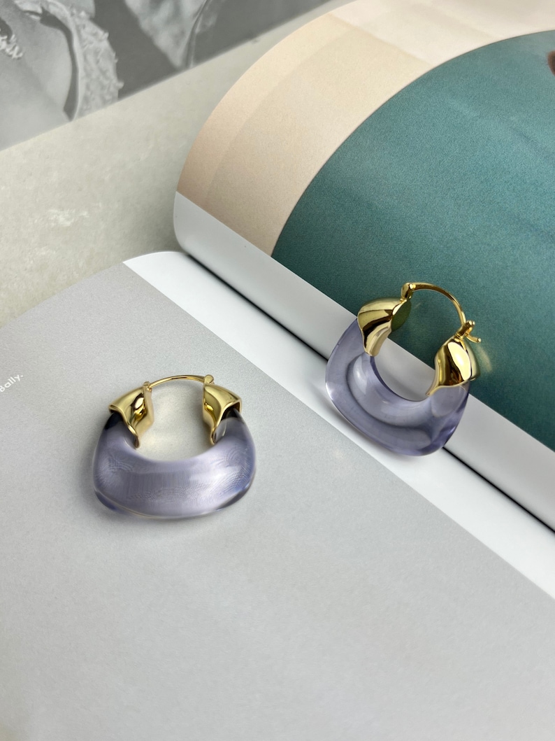 Translucent Lavender Purple Resin Gold Hoop Earrings, Gold Earrings, Pierced Earrings, Resin Earrings, Purple Hoops, Wedding Earrings image 1